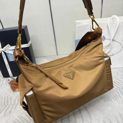 PRADA 25S EXPLORE LARGE RE-NYLON SHOULDER BAG 32 IN BRANDY WITH FLAP