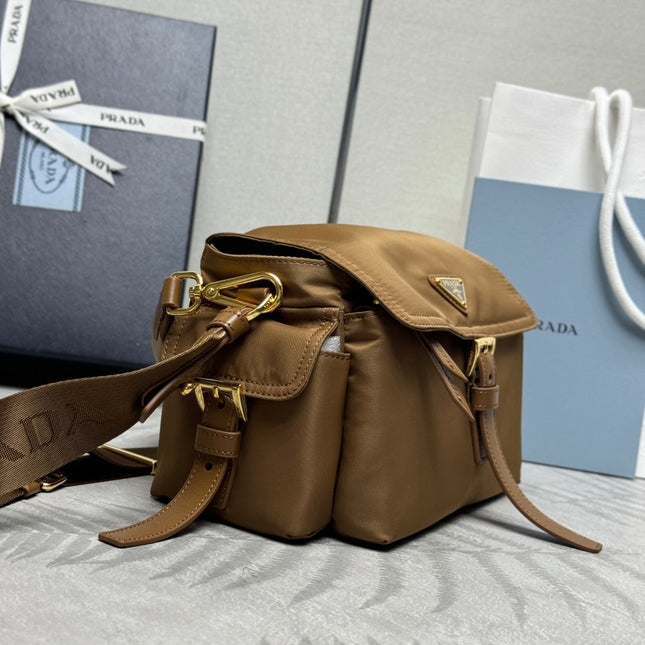 PRADA 25S EXPLORE LARGE SHOULDER BAG 30 IN CARAMEL RE-NYLON WITH FLAP