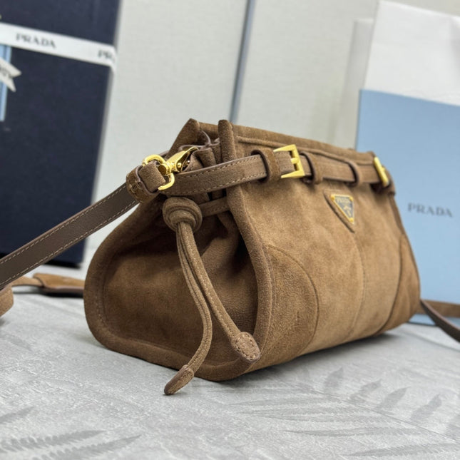 PRADA 25S BONNIE SMALL SHOULDER BAG 26 IN BROWN SUEDE GOLD HARDWRE