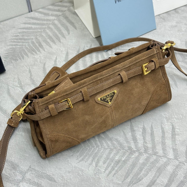 PRADA 25S BONNIE SMALL SHOULDER BAG 26 IN BROWN SUEDE GOLD HARDWRE