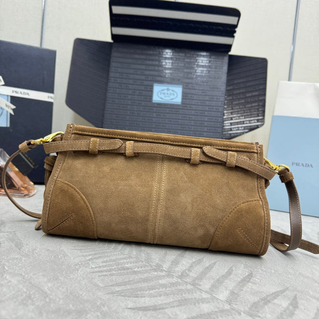 PRADA 25S BONNIE SMALL SHOULDER BAG 26 IN BROWN SUEDE GOLD HARDWRE