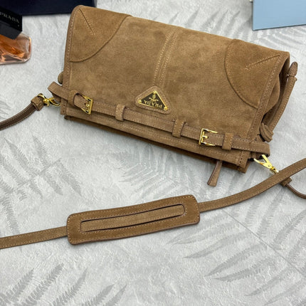PRADA 25S BONNIE SMALL SHOULDER BAG 26 IN BROWN SUEDE GOLD HARDWRE
