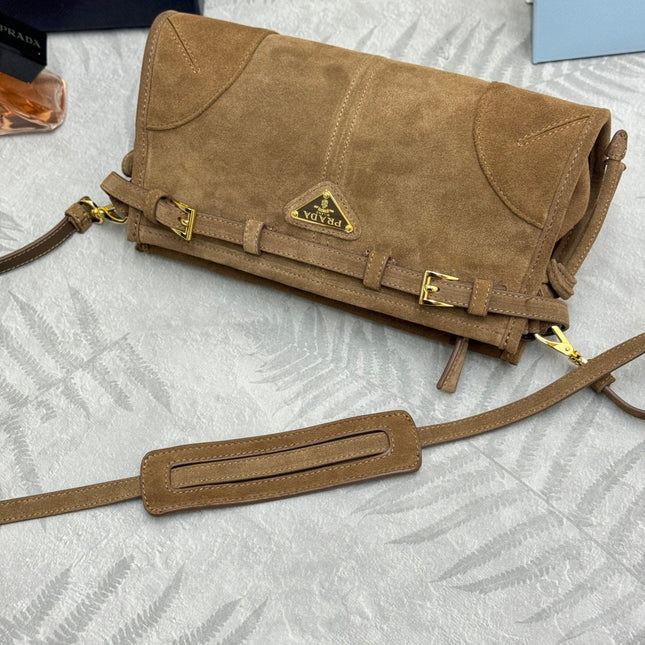PRADA 25S BONNIE SMALL SHOULDER BAG 26 IN BROWN SUEDE GOLD HARDWRE