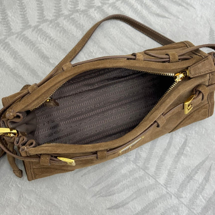 PRADA 25S BONNIE SMALL SHOULDER BAG 26 IN BROWN SUEDE GOLD HARDWRE