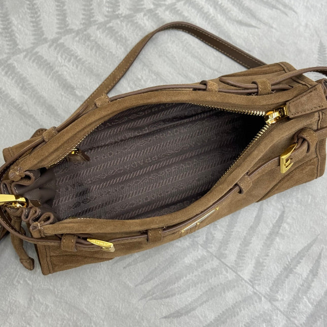 PRADA 25S BONNIE SMALL SHOULDER BAG 26 IN BROWN SUEDE GOLD HARDWRE