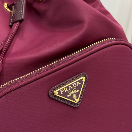 PRADA 25S DUET BUCKET BAG 23 IN BURGUNDY RE-NYLON GOLD HARDWRE