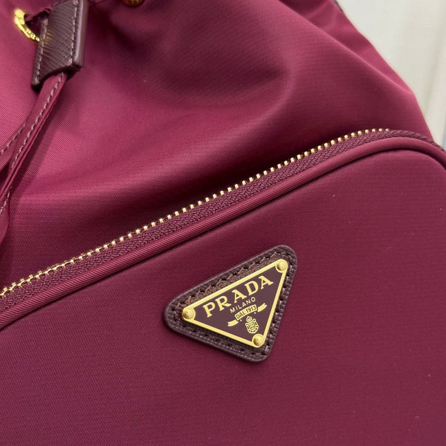 PRADA 25S DUET BUCKET BAG 23 IN BURGUNDY RE-NYLON GOLD HARDWRE
