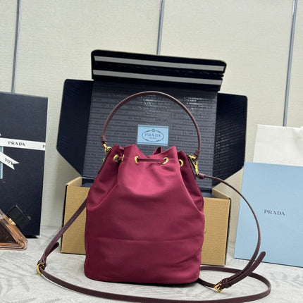 PRADA 25S DUET BUCKET BAG 23 IN BURGUNDY RE-NYLON GOLD HARDWRE
