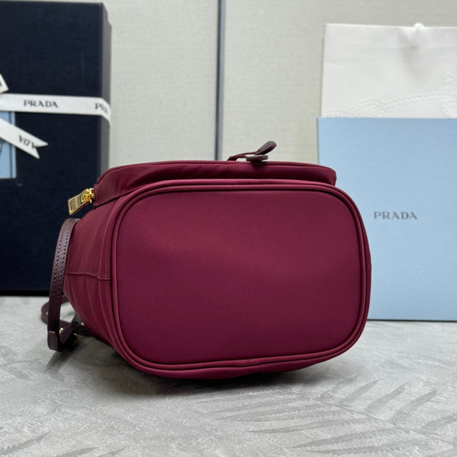 PRADA 25S DUET BUCKET BAG 23 IN BURGUNDY RE-NYLON GOLD HARDWRE