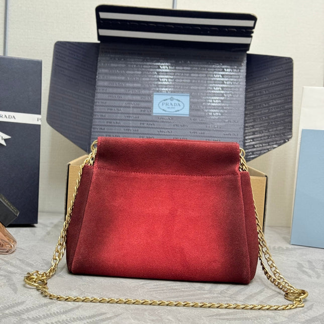 PRADA 25S ENCHAINE MINI BAG 22 IN RUBY RED SUEDE GOLD HARDWRE