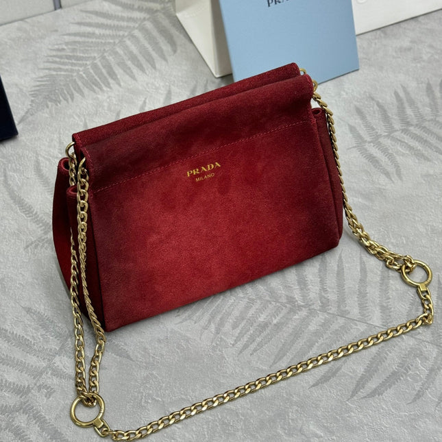 PRADA 25S ENCHAINE MINI BAG 22 IN RUBY RED SUEDE GOLD HARDWRE