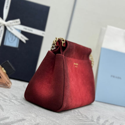 PRADA 25S ENCHAINE MINI BAG 22 IN RUBY RED SUEDE GOLD HARDWRE