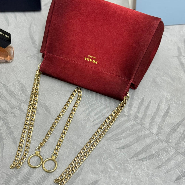 PRADA 25S ENCHAINE MINI BAG 22 IN RUBY RED SUEDE GOLD HARDWRE