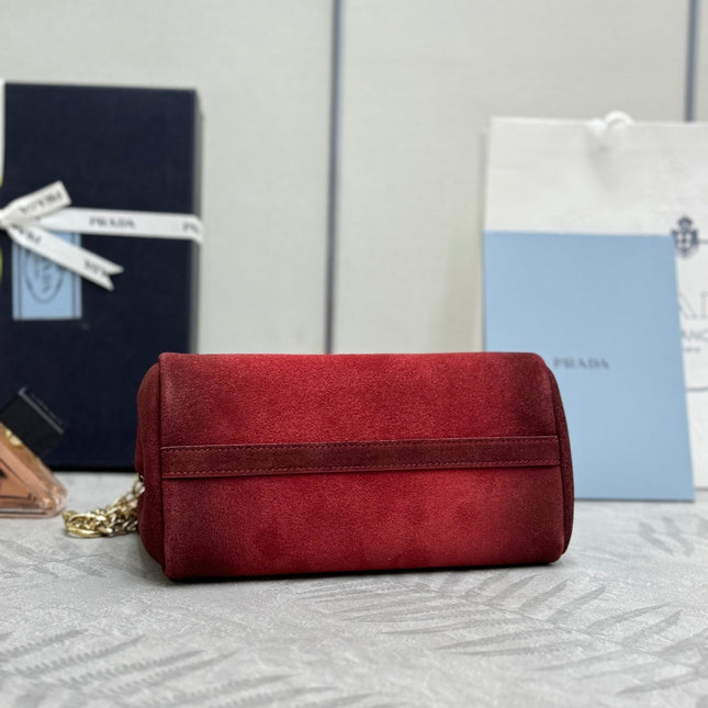 PRADA 25S ENCHAINE MINI BAG 22 IN RUBY RED SUEDE GOLD HARDWRE