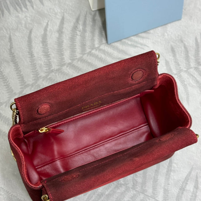 PRADA 25S ENCHAINE MINI BAG 22 IN RUBY RED SUEDE GOLD HARDWRE