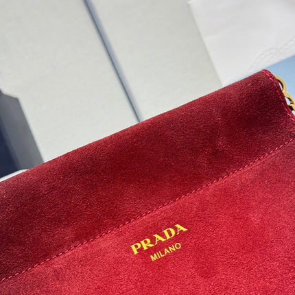 PRADA 25S ENCHAINE MINI BAG 22 IN RUBY RED SUEDE GOLD HARDWRE