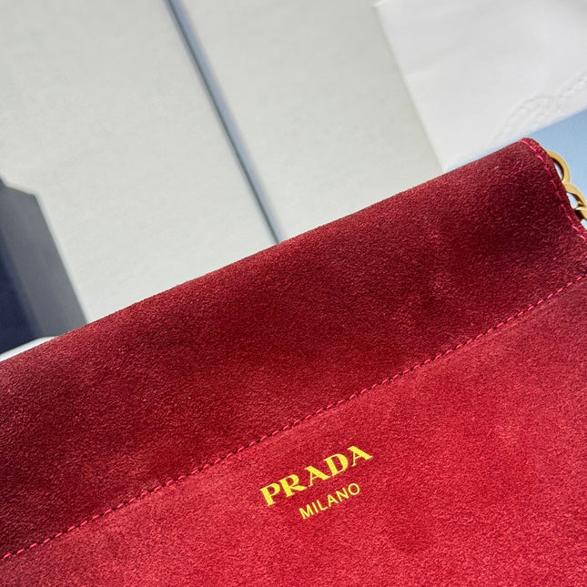 PRADA 25S ENCHAINE MINI BAG 22 IN RUBY RED SUEDE GOLD HARDWRE