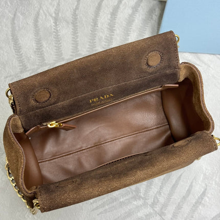 PRADA 25S ENCHAINE MINI BAG 22 IN CARAMEL BROWN SUEDE GOLD HARDWRE