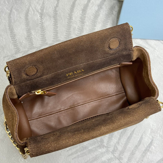 PRADA 25S ENCHAINE MINI BAG 22 IN CARAMEL BROWN SUEDE GOLD HARDWRE