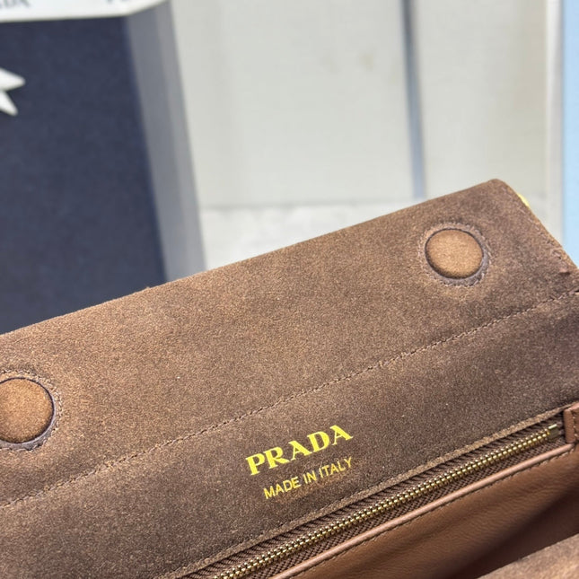 PRADA 25S ENCHAINE MINI BAG 22 IN CARAMEL BROWN SUEDE GOLD HARDWRE