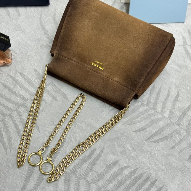 PRADA 25S ENCHAINE MINI BAG 22 IN CARAMEL BROWN SUEDE GOLD HARDWRE