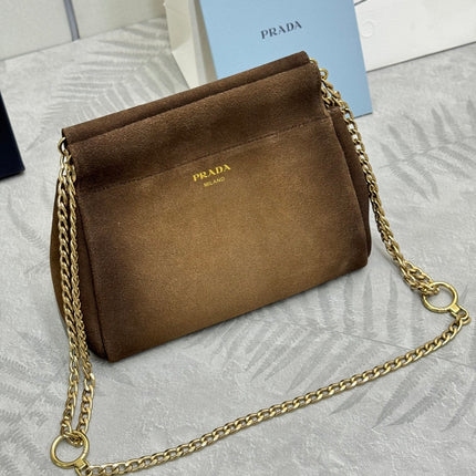 PRADA 25S ENCHAINE MINI BAG 22 IN CARAMEL BROWN SUEDE GOLD HARDWRE