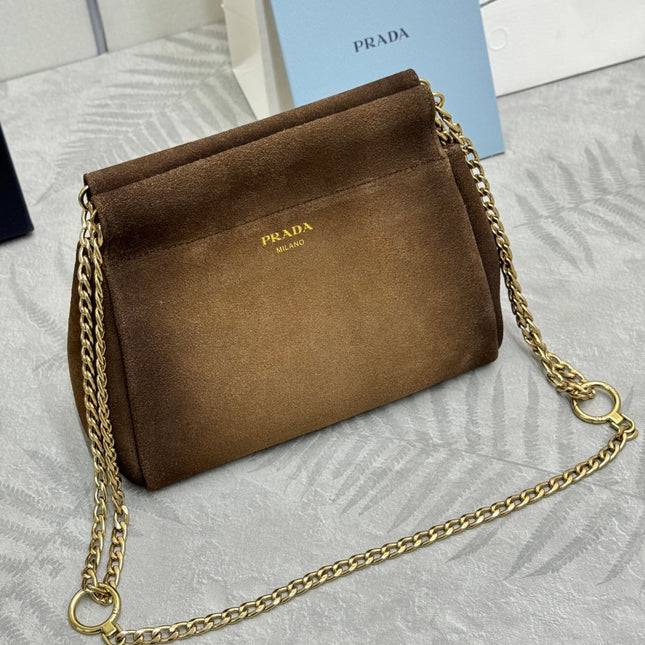 PRADA 25S ENCHAINE MINI BAG 22 IN CARAMEL BROWN SUEDE GOLD HARDWRE