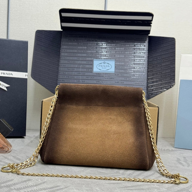 PRADA 25S ENCHAINE MINI BAG 22 IN CARAMEL BROWN SUEDE GOLD HARDWRE