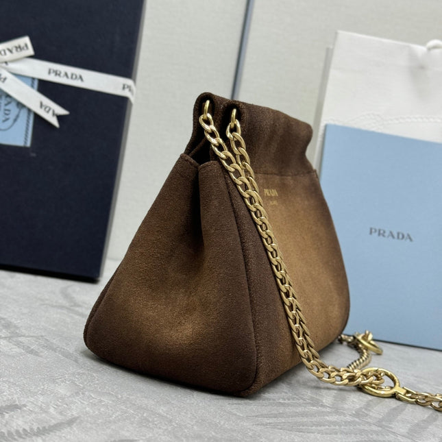 PRADA 25S ENCHAINE MINI BAG 22 IN CARAMEL BROWN SUEDE GOLD HARDWRE