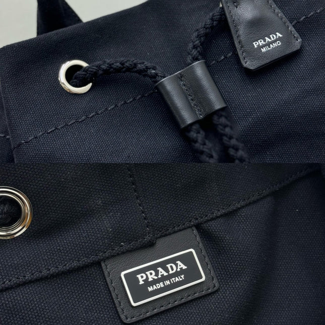PRADA 25S DRAWSTRING BACKPACK 55 IN BLACK CANVAS LINEN SILVER HARDWRE