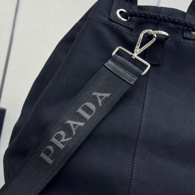 PRADA 25S DRAWSTRING BACKPACK 55 IN BLACK CANVAS LINEN SILVER HARDWRE