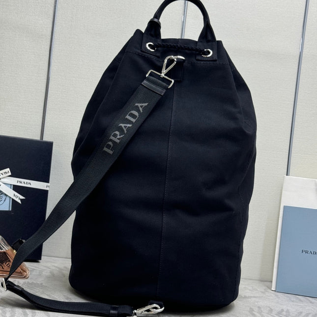PRADA 25S DRAWSTRING BACKPACK 55 IN BLACK CANVAS LINEN SILVER HARDWRE
