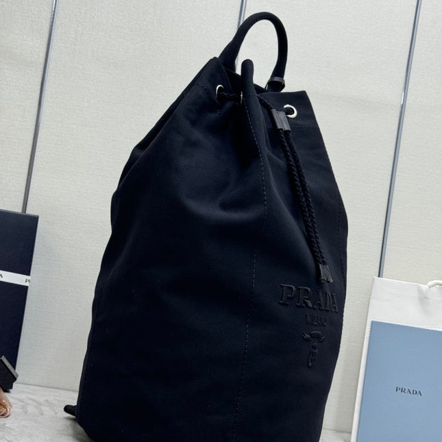 PRADA 25S DRAWSTRING BACKPACK 55 IN BLACK CANVAS LINEN SILVER HARDWRE