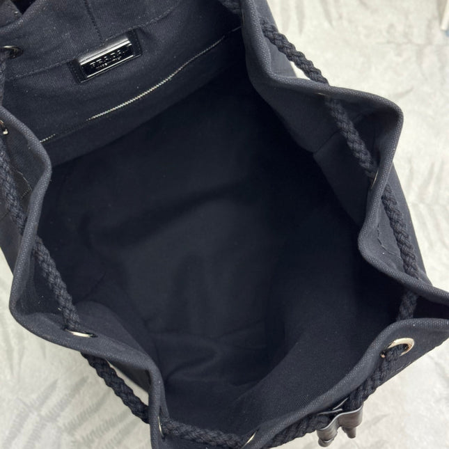 PRADA 25S DRAWSTRING BACKPACK 55 IN BLACK CANVAS LINEN SILVER HARDWRE