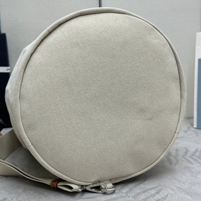 PRADA 25S DRAWSTRING BACKPACK 55 IN BEIGE CANVAS LINEN SILVER HARDWRE