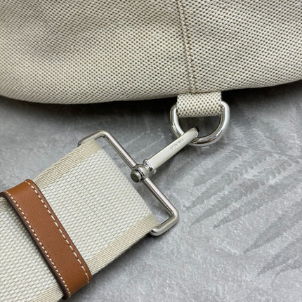 PRADA 25S DRAWSTRING BACKPACK 55 IN BEIGE CANVAS LINEN SILVER HARDWRE