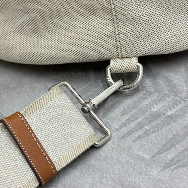 PRADA 25S DRAWSTRING BACKPACK 55 IN BEIGE CANVAS LINEN SILVER HARDWRE