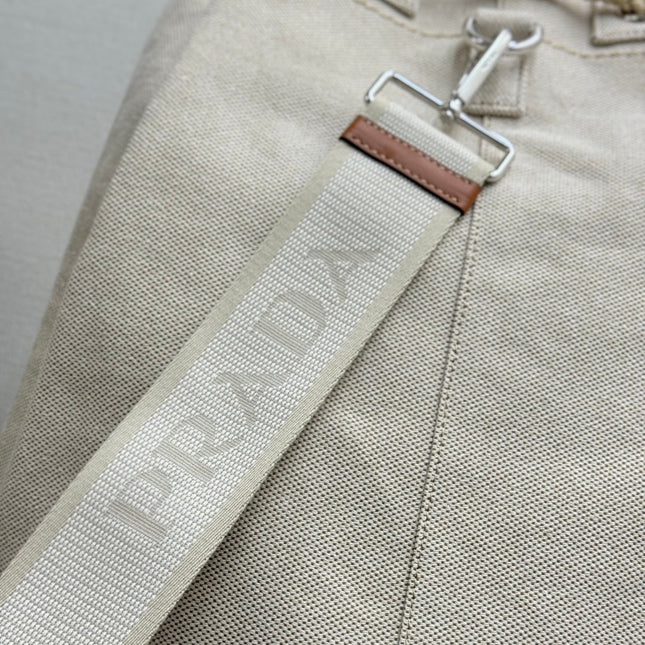 PRADA 25S DRAWSTRING BACKPACK 55 IN BEIGE CANVAS LINEN SILVER HARDWRE