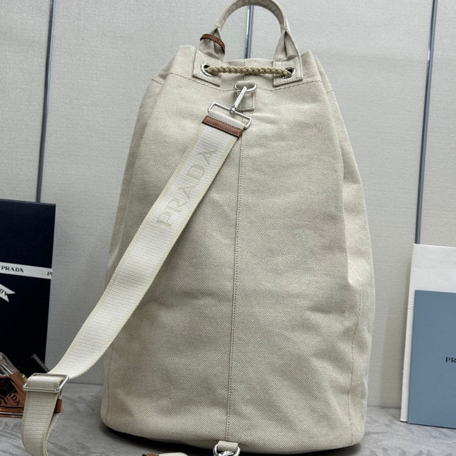 PRADA 25S DRAWSTRING BACKPACK 55 IN BEIGE CANVAS LINEN SILVER HARDWRE