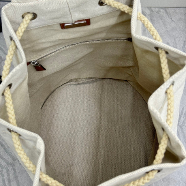 PRADA 25S DRAWSTRING BACKPACK 55 IN BEIGE CANVAS LINEN SILVER HARDWRE