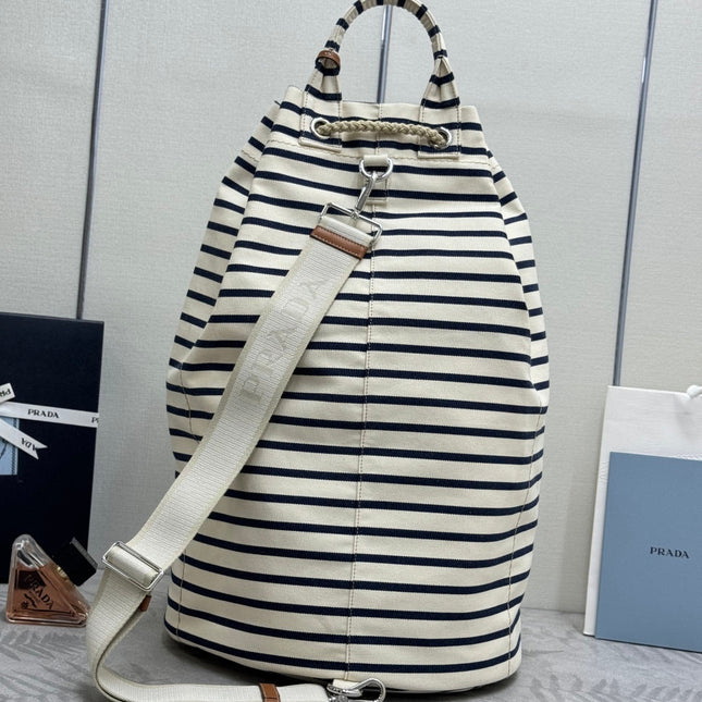 PRADA 25S DRAWSTRING BACKPACK 55 IN HORIZONTAL STRIPES CANVAS SILVER HARDWRE