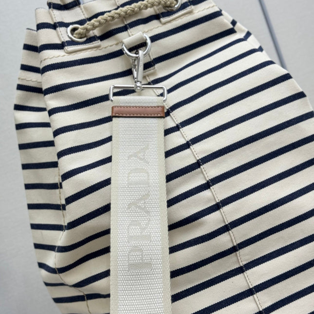 PRADA 25S DRAWSTRING BACKPACK 55 IN HORIZONTAL STRIPES CANVAS SILVER HARDWRE