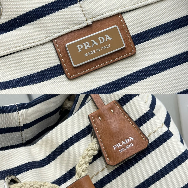 PRADA 25S DRAWSTRING BACKPACK 55 IN HORIZONTAL STRIPES CANVAS SILVER HARDWRE