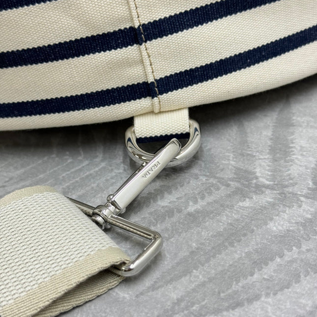 PRADA 25S DRAWSTRING BACKPACK 55 IN HORIZONTAL STRIPES CANVAS SILVER HARDWRE