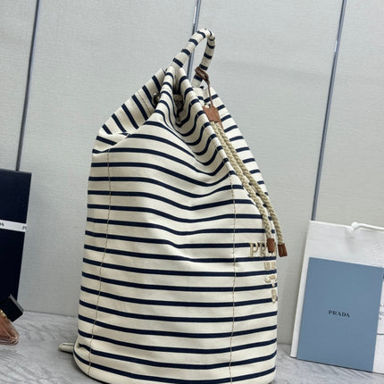 PRADA 25S DRAWSTRING BACKPACK 55 IN HORIZONTAL STRIPES CANVAS SILVER HARDWRE