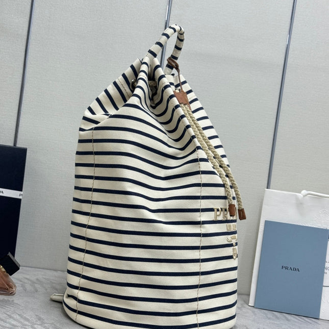 PRADA 25S DRAWSTRING BACKPACK 55 IN HORIZONTAL STRIPES CANVAS SILVER HARDWRE