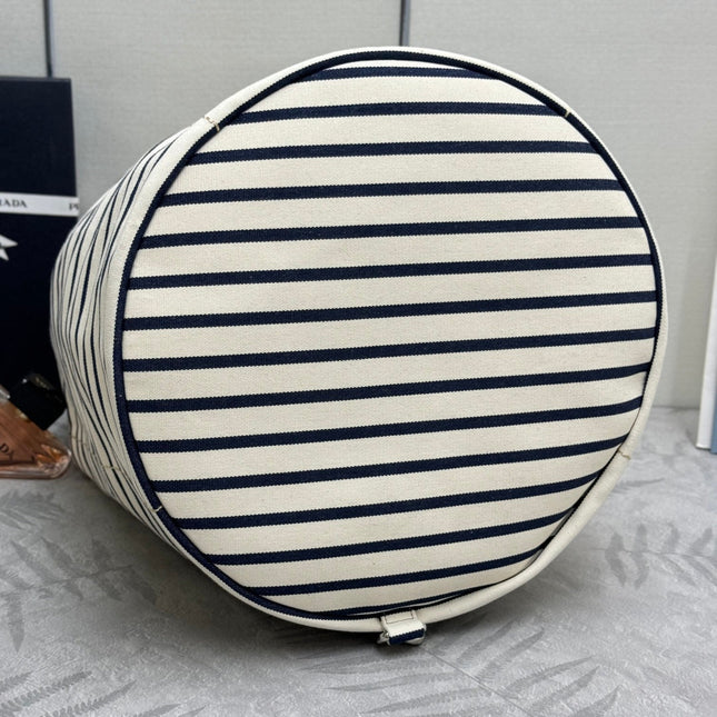 PRADA 25S DRAWSTRING BACKPACK 55 IN HORIZONTAL STRIPES CANVAS SILVER HARDWRE