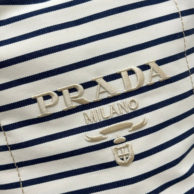 PRADA 25S DRAWSTRING BACKPACK 55 IN HORIZONTAL STRIPES CANVAS SILVER HARDWRE