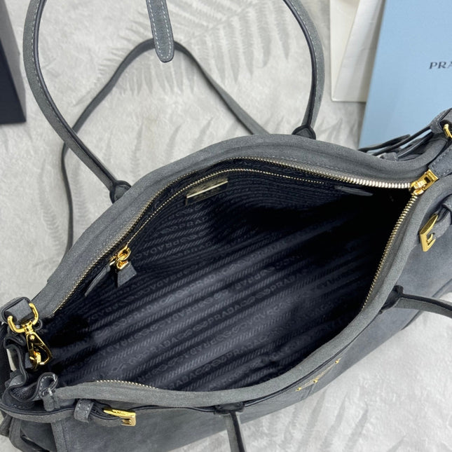 PRADA 25S BONNIE LARGE HANDBAG 38 IN DARK GRAY SUEDE GOLD HARDWRE