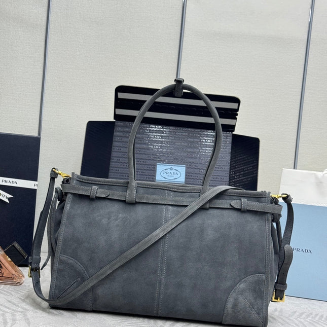 PRADA 25S BONNIE LARGE HANDBAG 38 IN DARK GRAY SUEDE GOLD HARDWRE